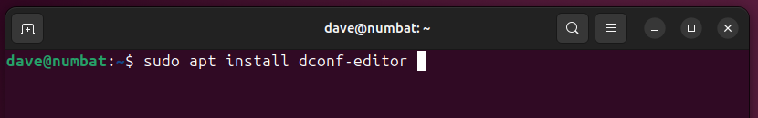 Installing dconf-editor on Ubuntu, in a terminal window.