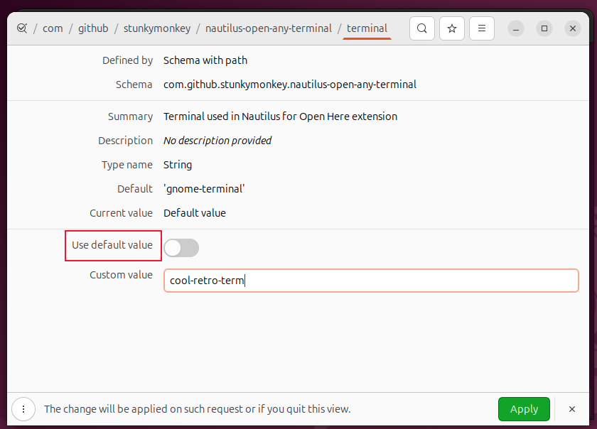 The Use Default Value slider and Custom Value text field in dconf-editor.