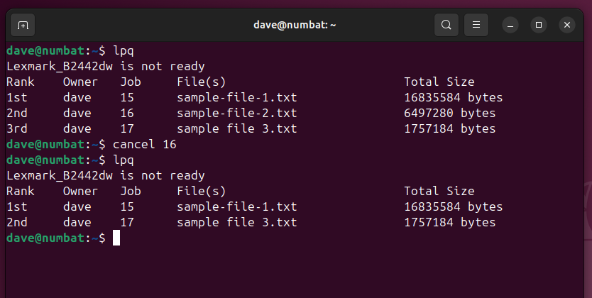 Using the cancel command to cancel a print job, in a Linux terminal window.