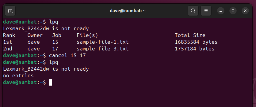 Using the cancel command to cancel multiple print jobs, in a Linux terminal window.