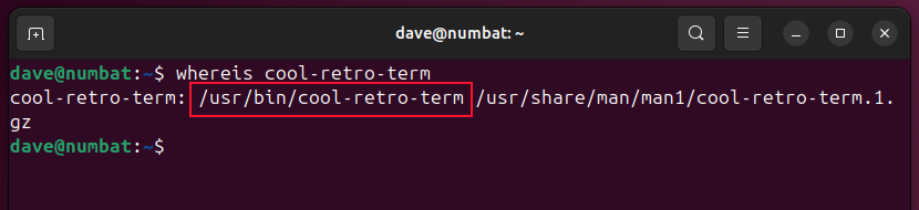 Discovering the cool-retro-term executable path with the whereis command, in a terminal window.