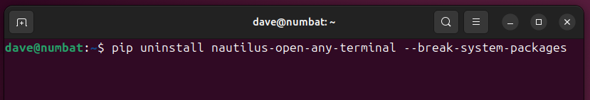 Uninstalling the nautilus-open-any-terminal extension, in a terminal window.