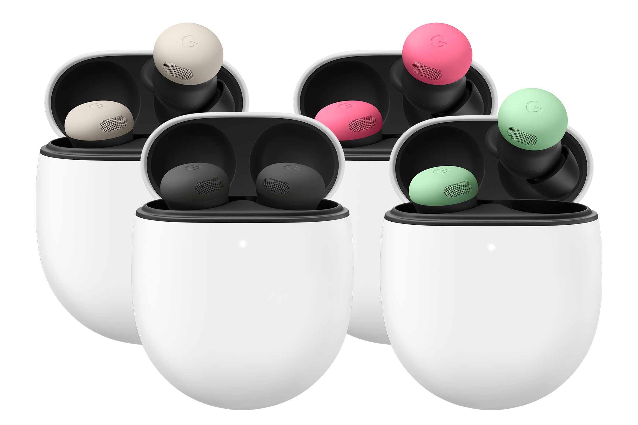 The Google Pixel Buds Pro 2 in gray, black, green, and red colorways.