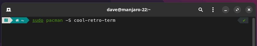 Installing cool-retro-term on Manjaro, in a terminal window.