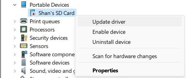 Updating the SD card in Device Manager.