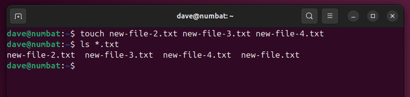 Using touch on the Linux command line to create multiple files at once.