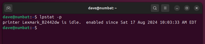 Using lpstat with the -p option in a Linux terminal window, to get the printer details.