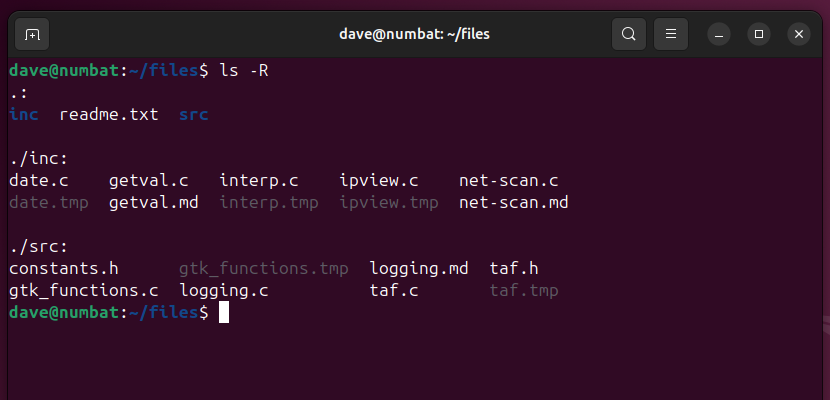 A recursive ls directory listing showing subdirectories and files, in a terminal window.