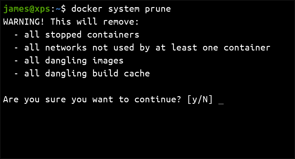 Output of the 'docker system prune' command.