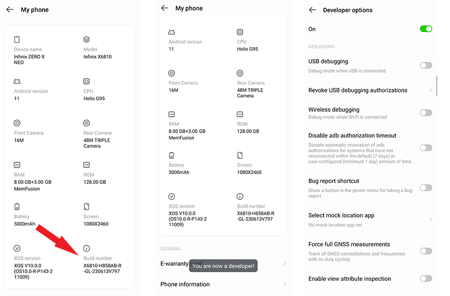 The step-by-step process of enabling developer options.