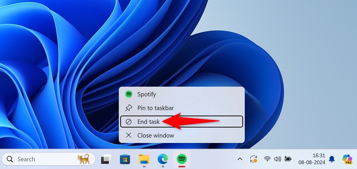 'End Task' highlighted for an app on Windows taskbar.