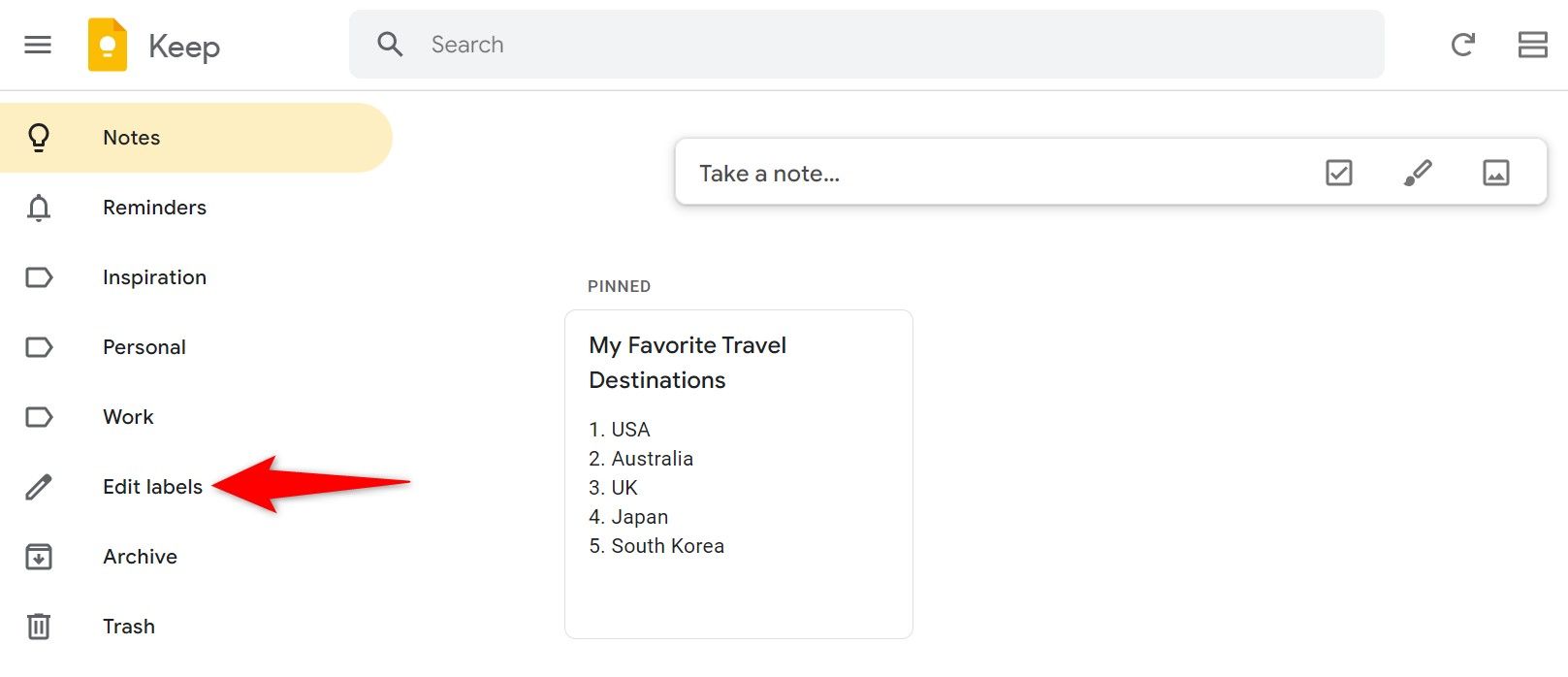 'Edit Labels' highlighted on Google Keep.