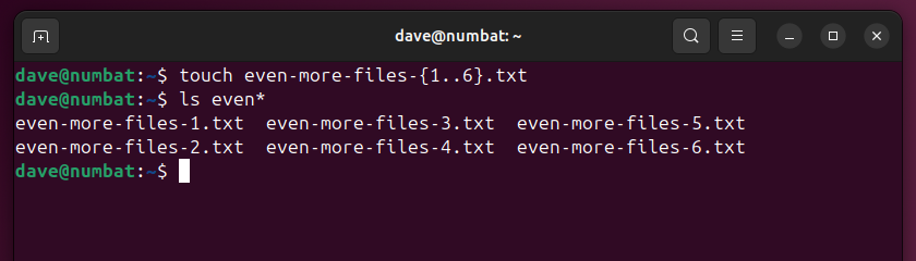 Using the topuch command to create sequentially numbered files on the Linux command line.