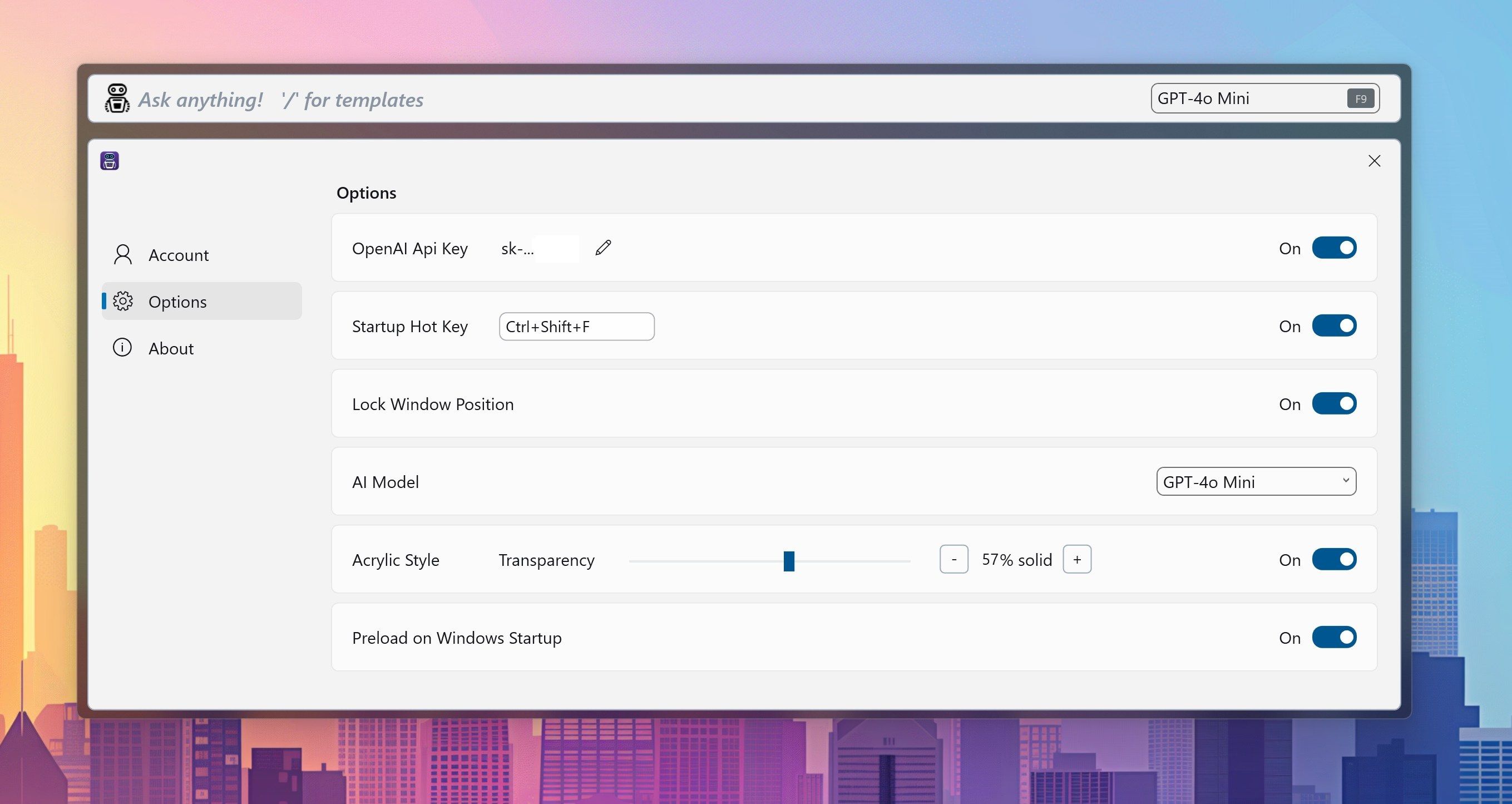 The DesktopGPT settings panel.