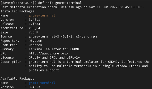 getting the details of a single application with dnf