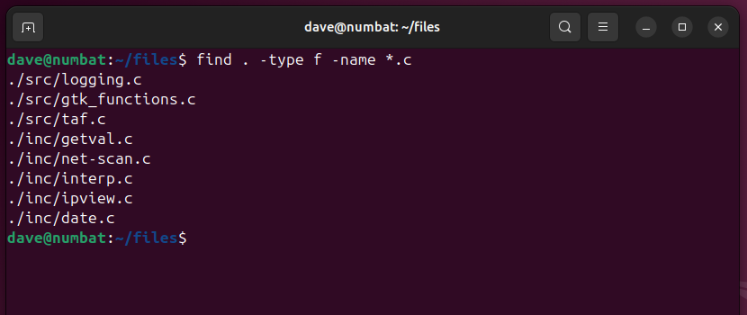 Using find in a terminal window to recursively find files with a C extension.