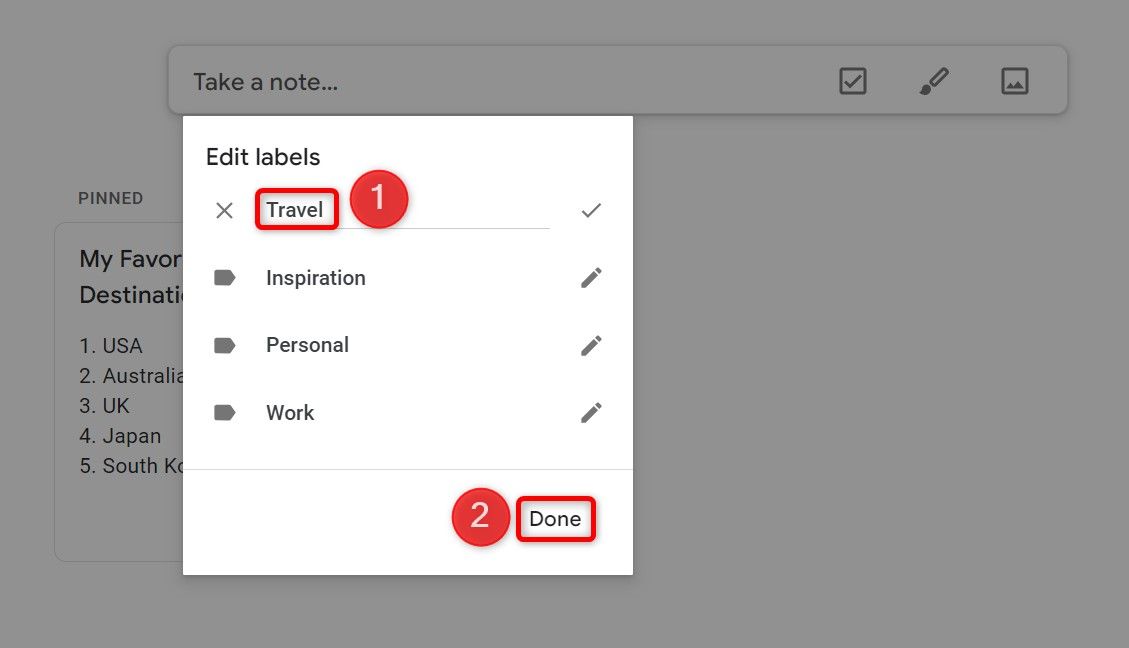 New label name and 'Done' highlighted on Google Keep.