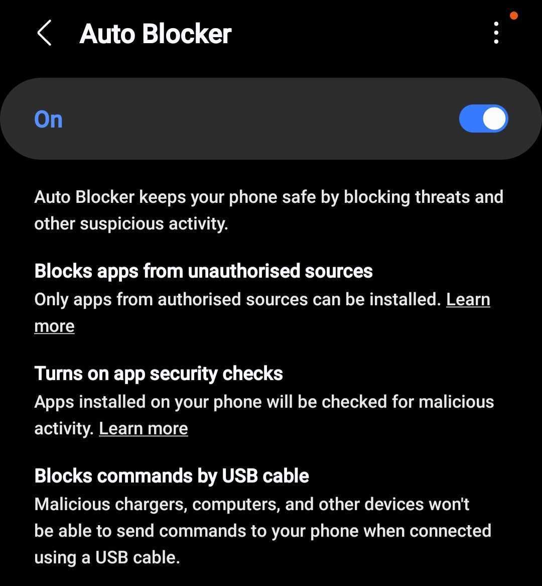 Turning on the Auto Blocker feature in Android settings.