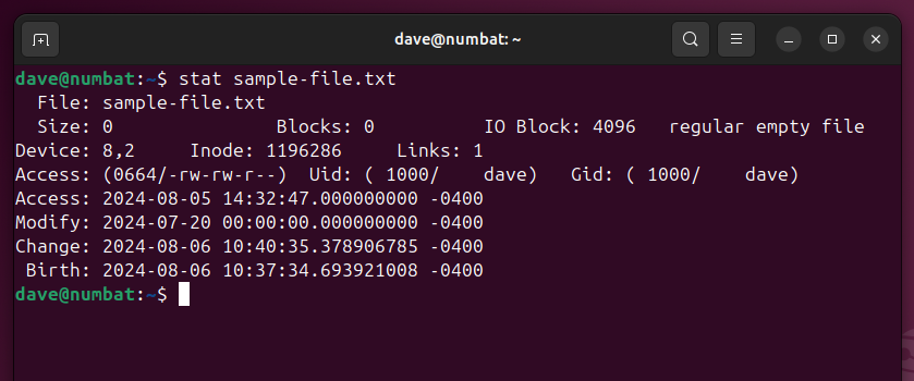 Using the stat command to display the access and moficiation timestamps of a file, on the Linux command line.