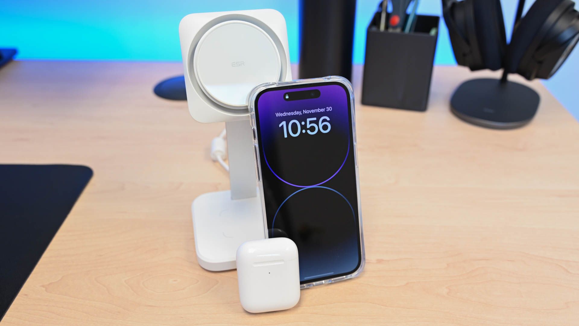 The ESR HaloLock 2-in-1 Wireless Charger with CryoBoost with iPhone 14 Pro and Air Pods