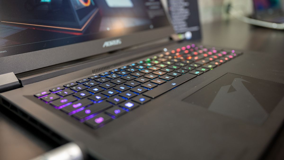 Close up of a Gigabyte gaming laptop's RGB keyboard.