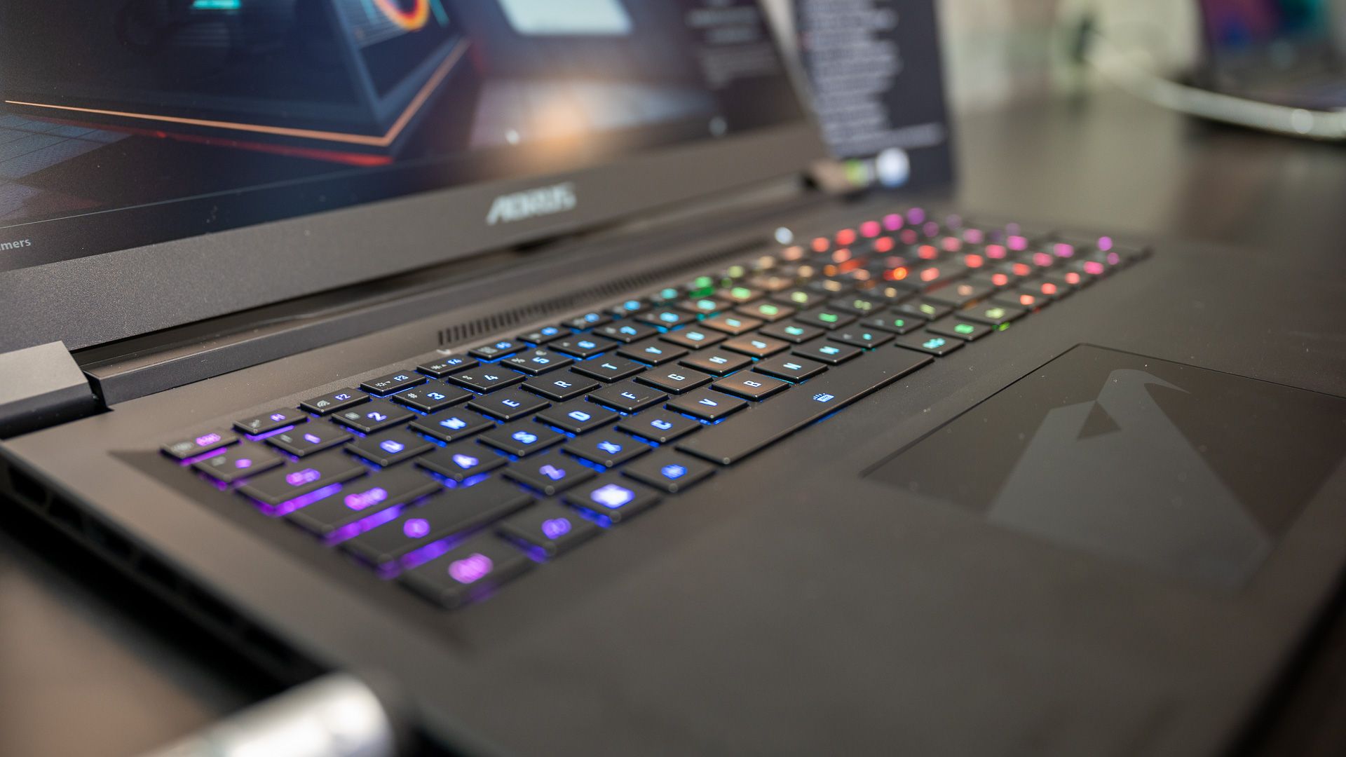 Close up of a Gigabyte gaming laptop's RGB keyboard