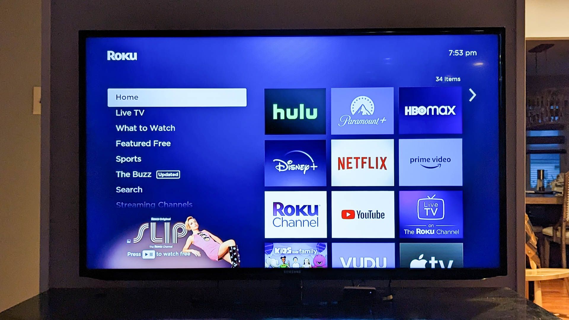 Roku home screen open on a tv