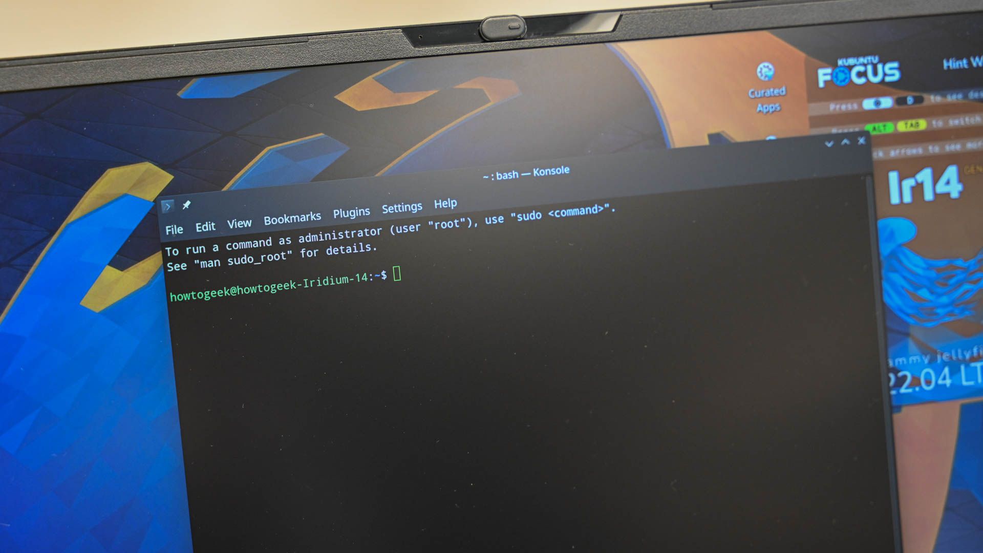 Linux Konsole Terminal open on the Kubuntu Focus Ir14 laptop.