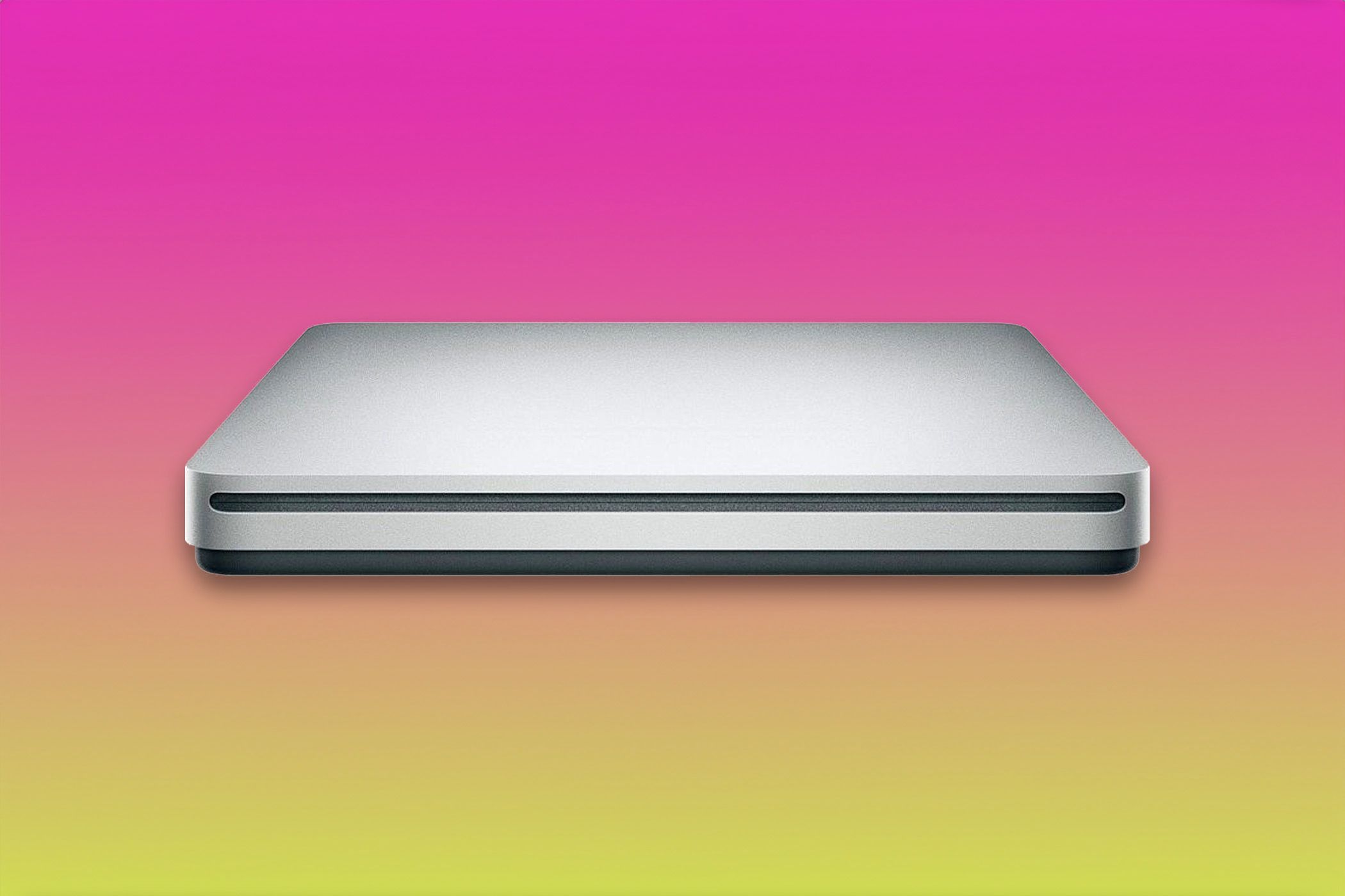 The Apple USB SuperDrive over a gradient background.