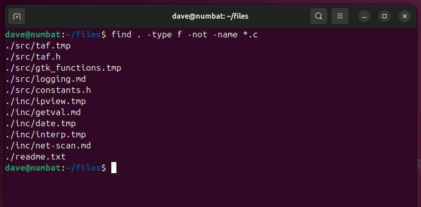 Using find in a terminal window to recursively find files without a C extension.