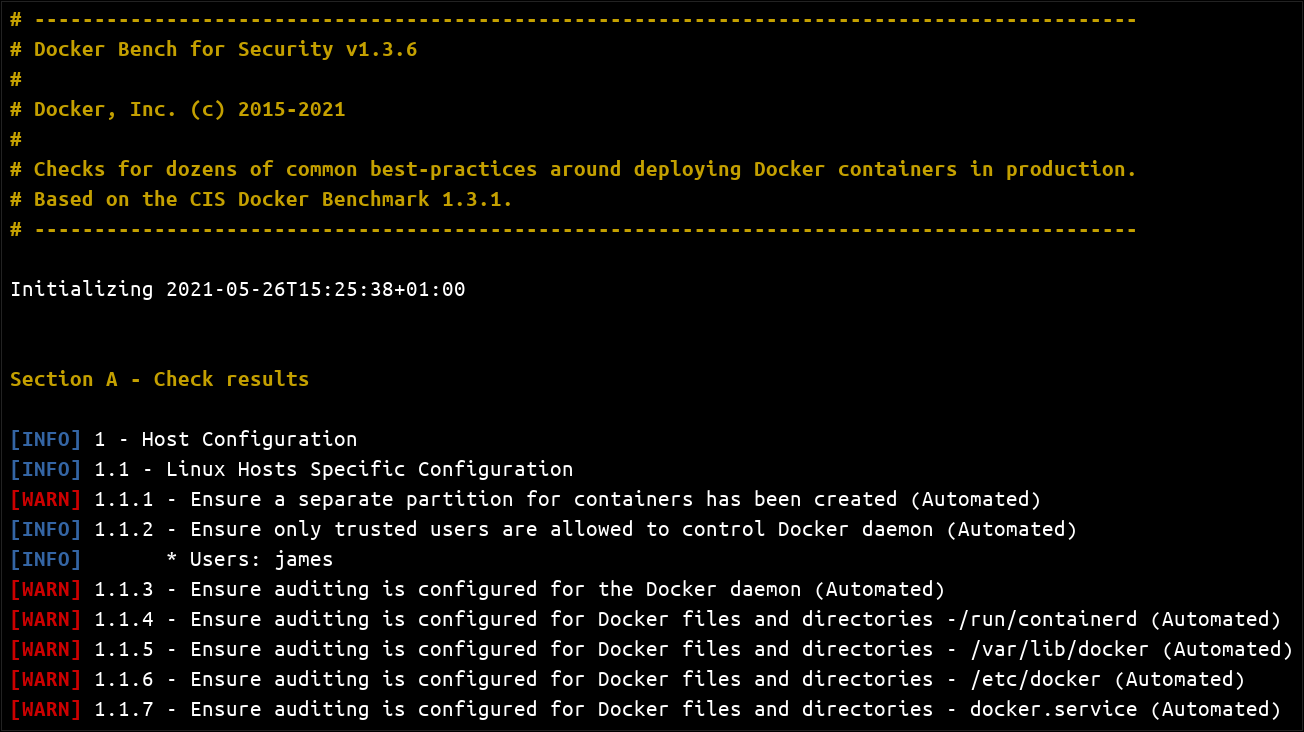 A Docker Bench for Security report.