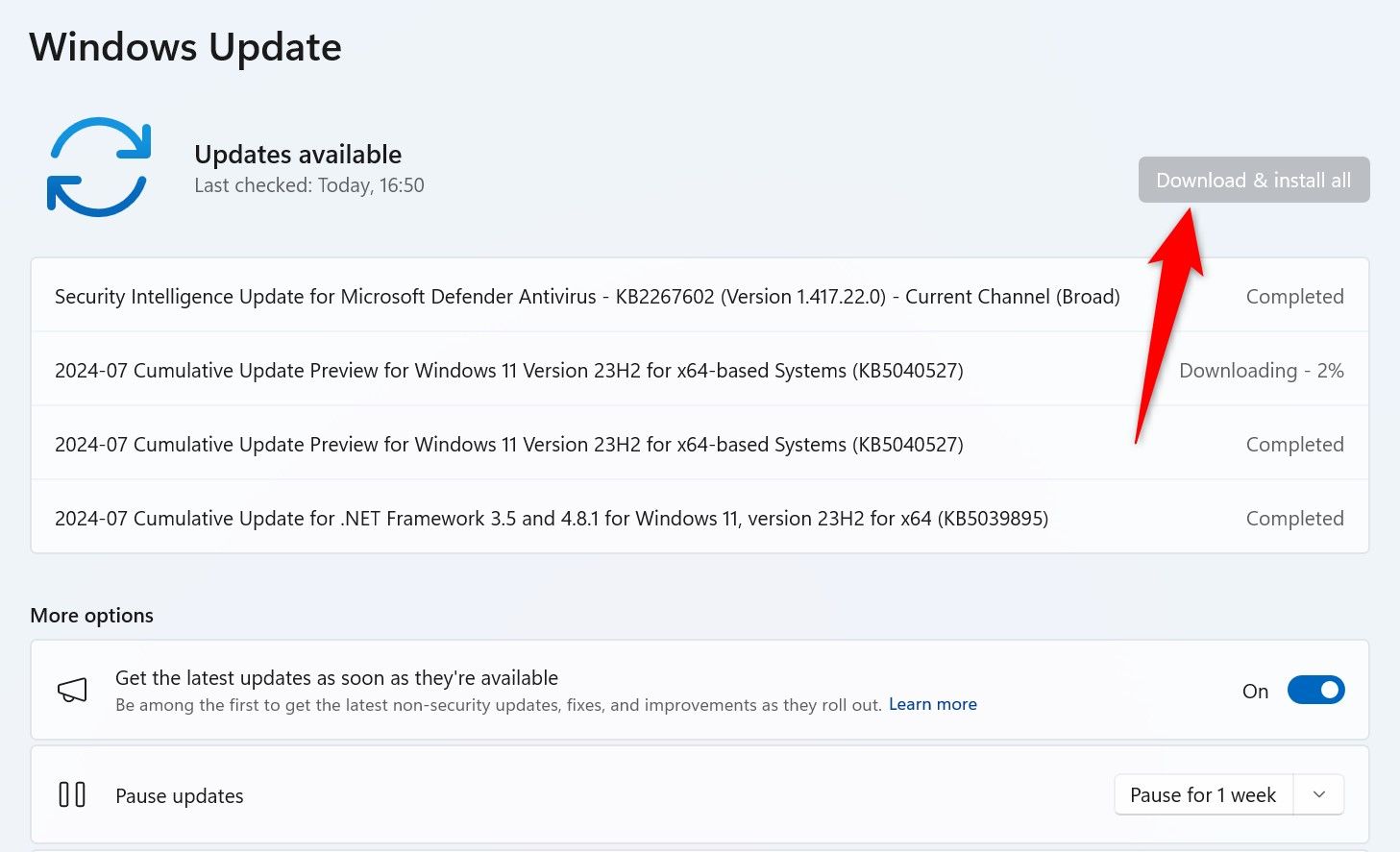 'Download & Install All' highlighted on the Windows Update screen.