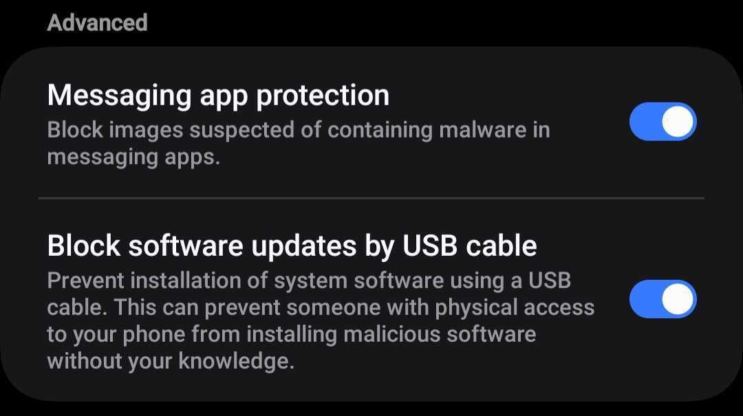 Turning on the advanced protection features in Android settings.