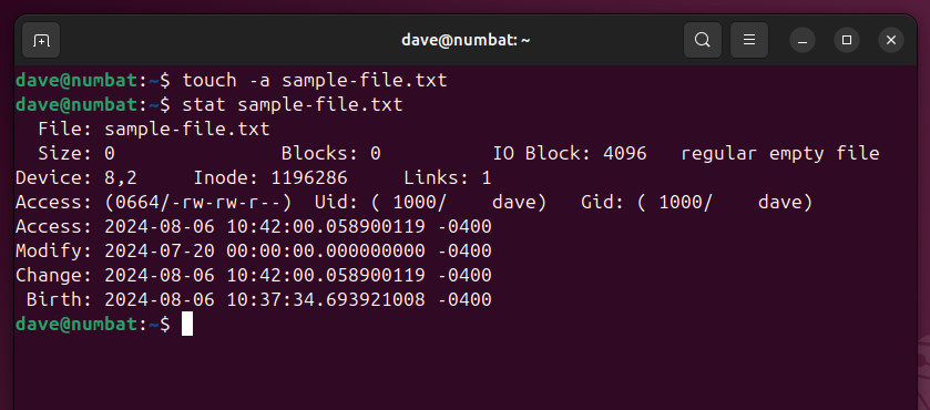 Using the touch command to set a file's access time to the current PC time, on the Linux command line.