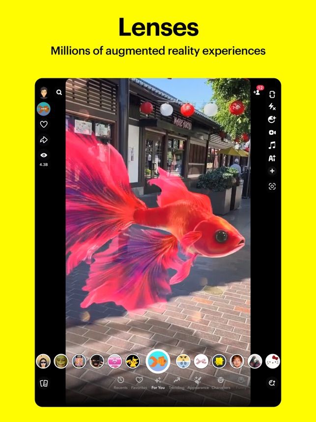 Screenshot of camera with several lenses in Snapchat on an iPad.