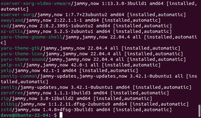 The output from the apt list command