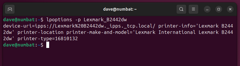 Using lpoptions with the -p option in a Linux terminal window, to get the details of a specific printer.