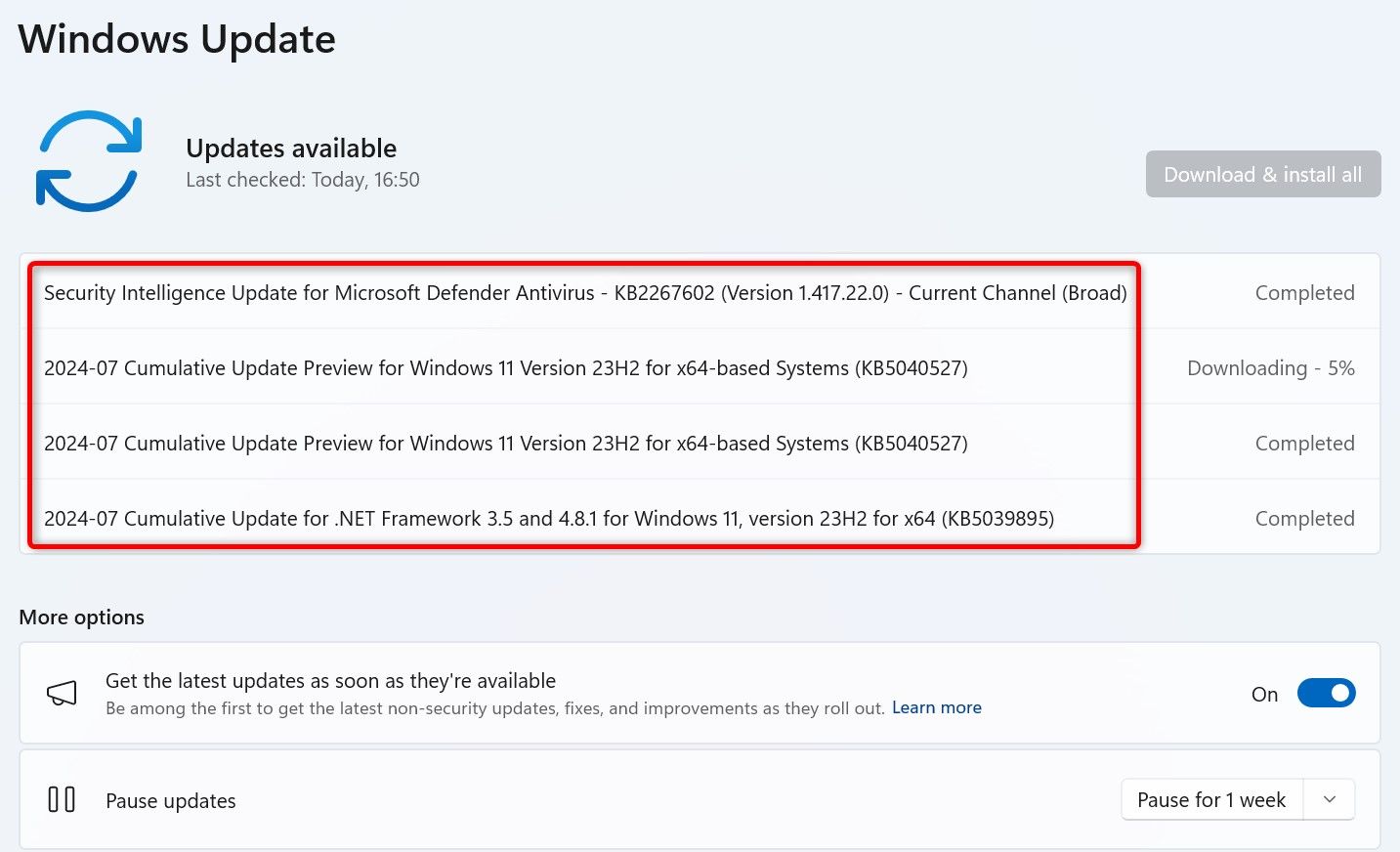 Multiple updates highlighted on the Windows Update screen.