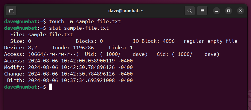 Using the touch command to set a file's modification time to the current PC time, on the Linux command line.