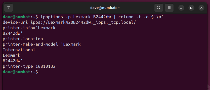 Piping the output from lpoptions throughthe column command to get a columnar display.