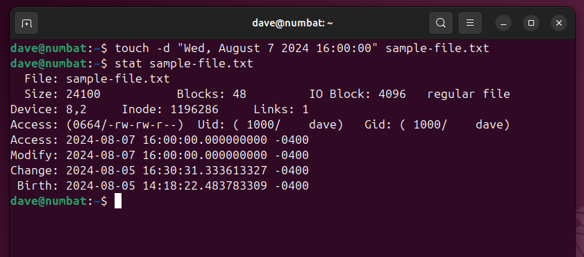 Using the touch -d option to set the access and modifcation times to a user specified time.