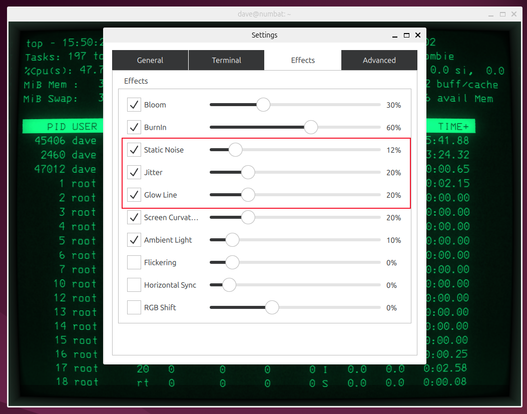 The static noise, glow line, and jitter controls in the CRT settings dialog.