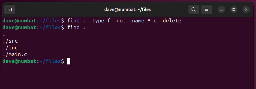 Attemtping to use find in a terminal window to recursively delete files without a C extension. There is a file called main.c in the current directory.