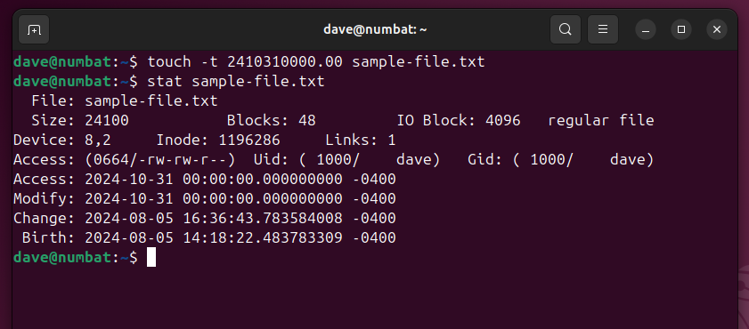 Using the touch -t option to set the access and modifcation times to a user specified time.