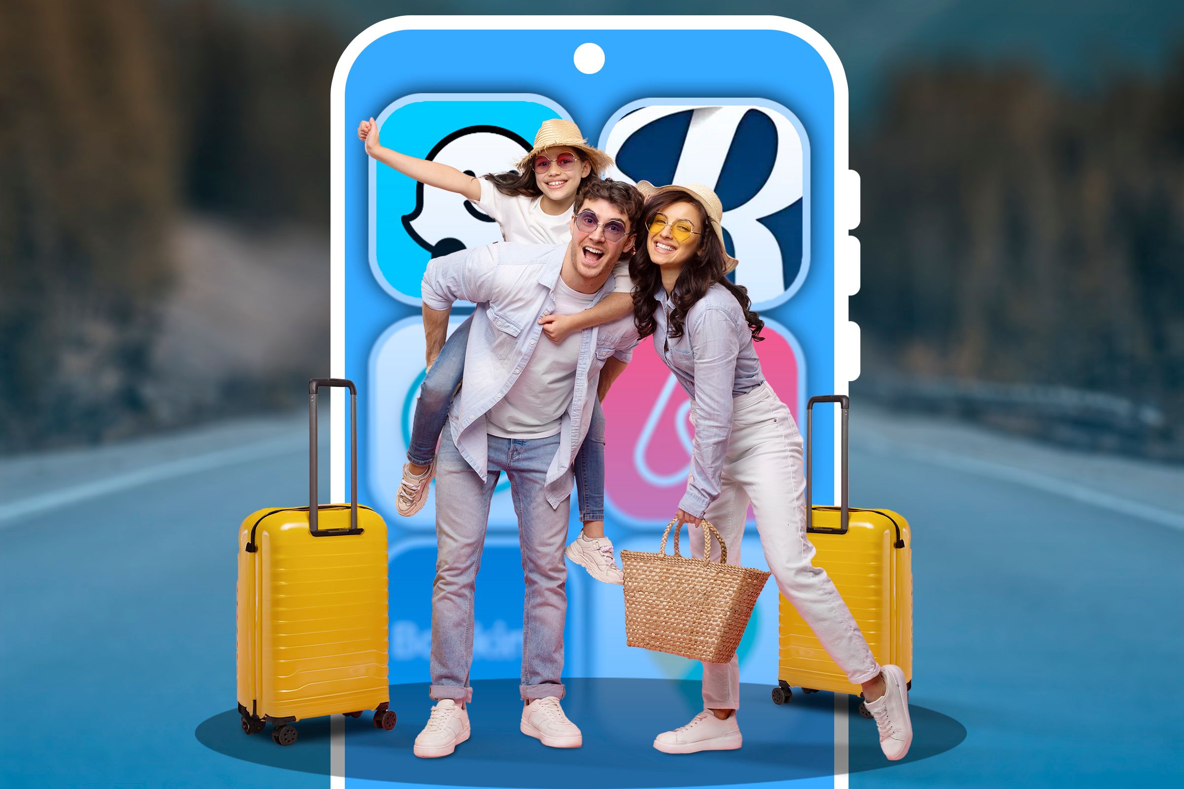 A family ready to travel and a phone with some apps behind them.