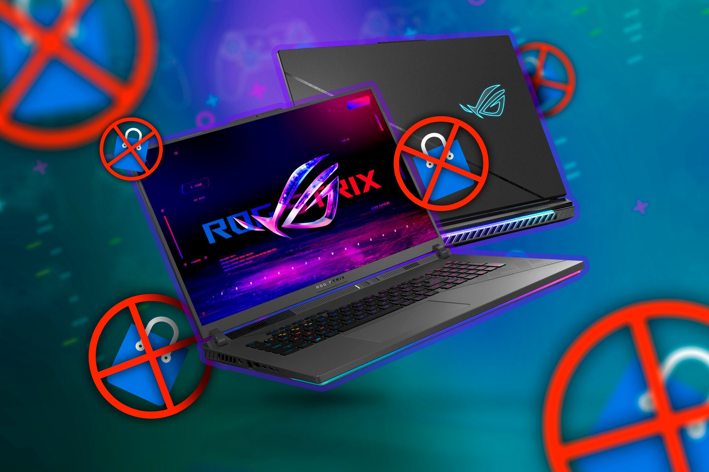 A gaming laptop with a 'no buy' icon.