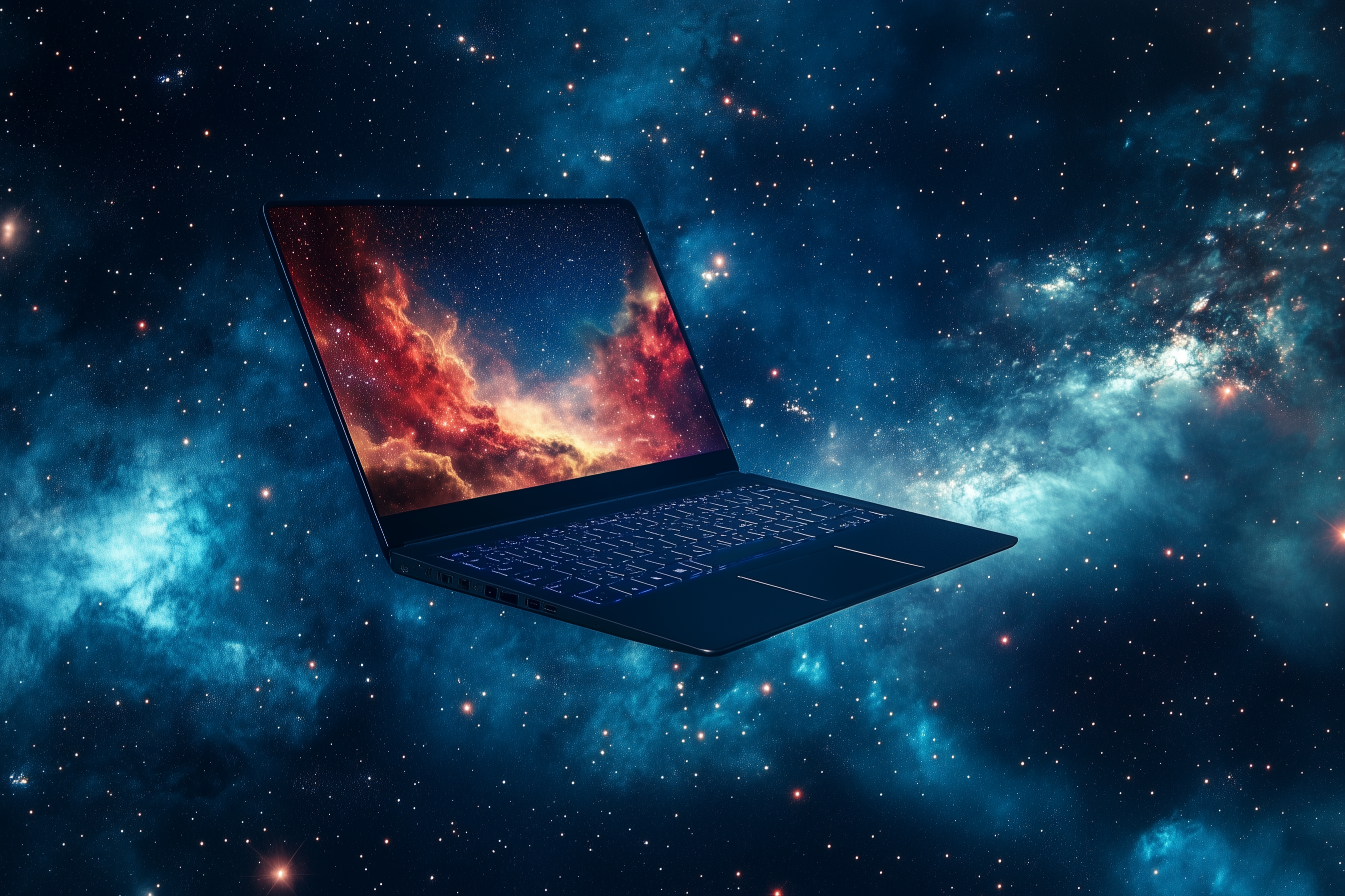 A laptop floating in space.