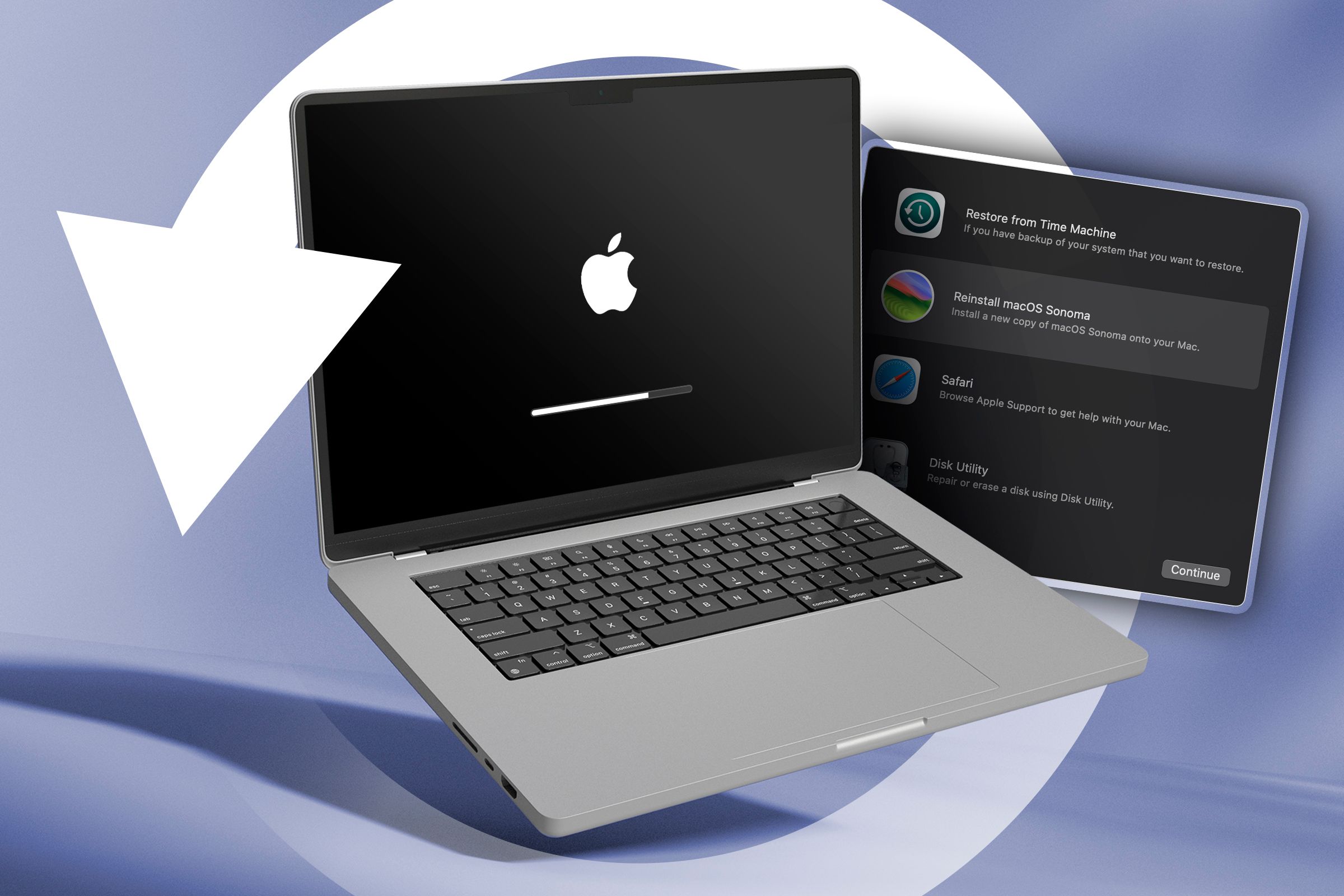 A MacBook surrounded by the restore icon and the recovery window next to it.