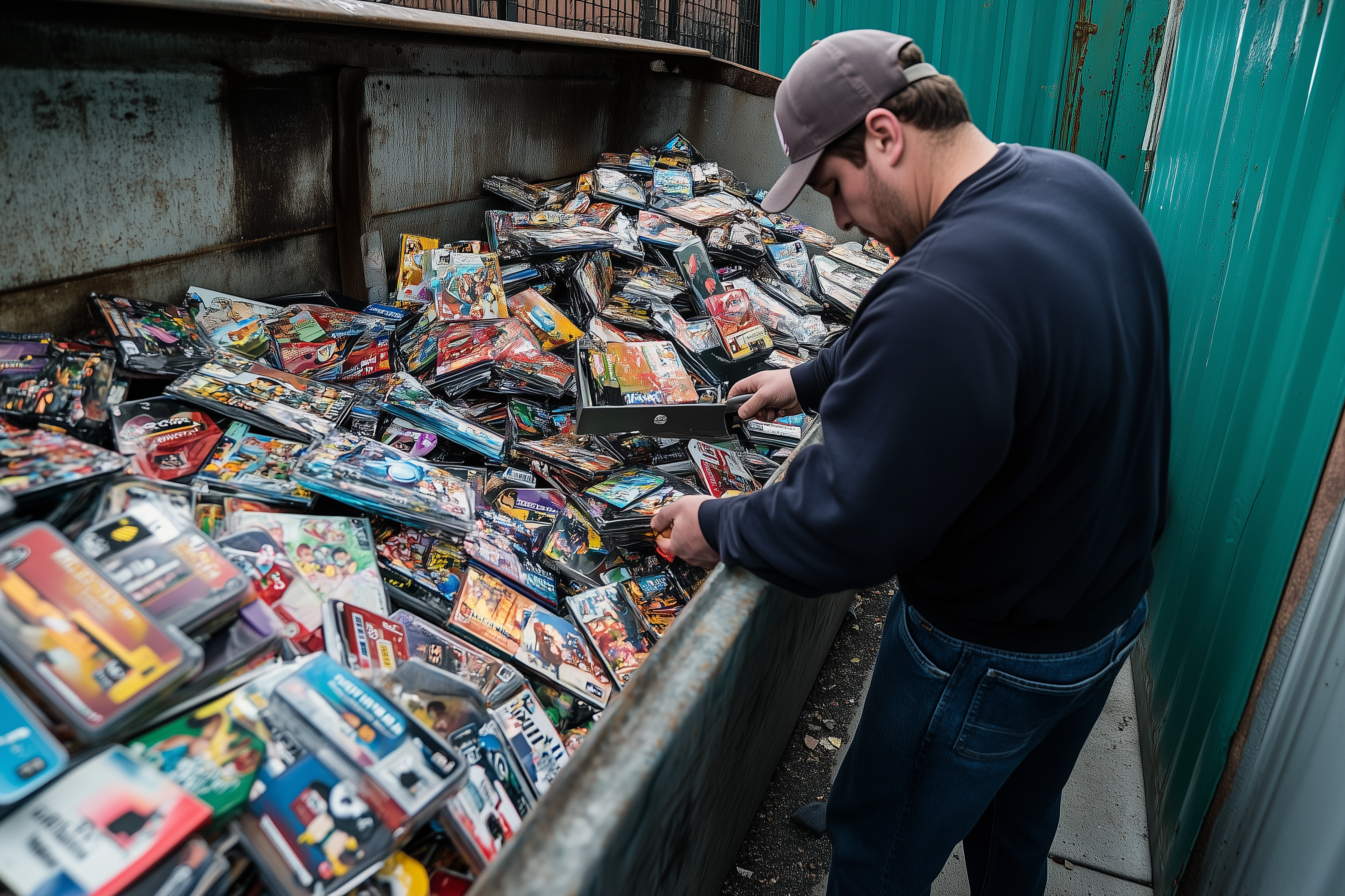 A man sorting through piles of Nintendo Switch games into a dumpster