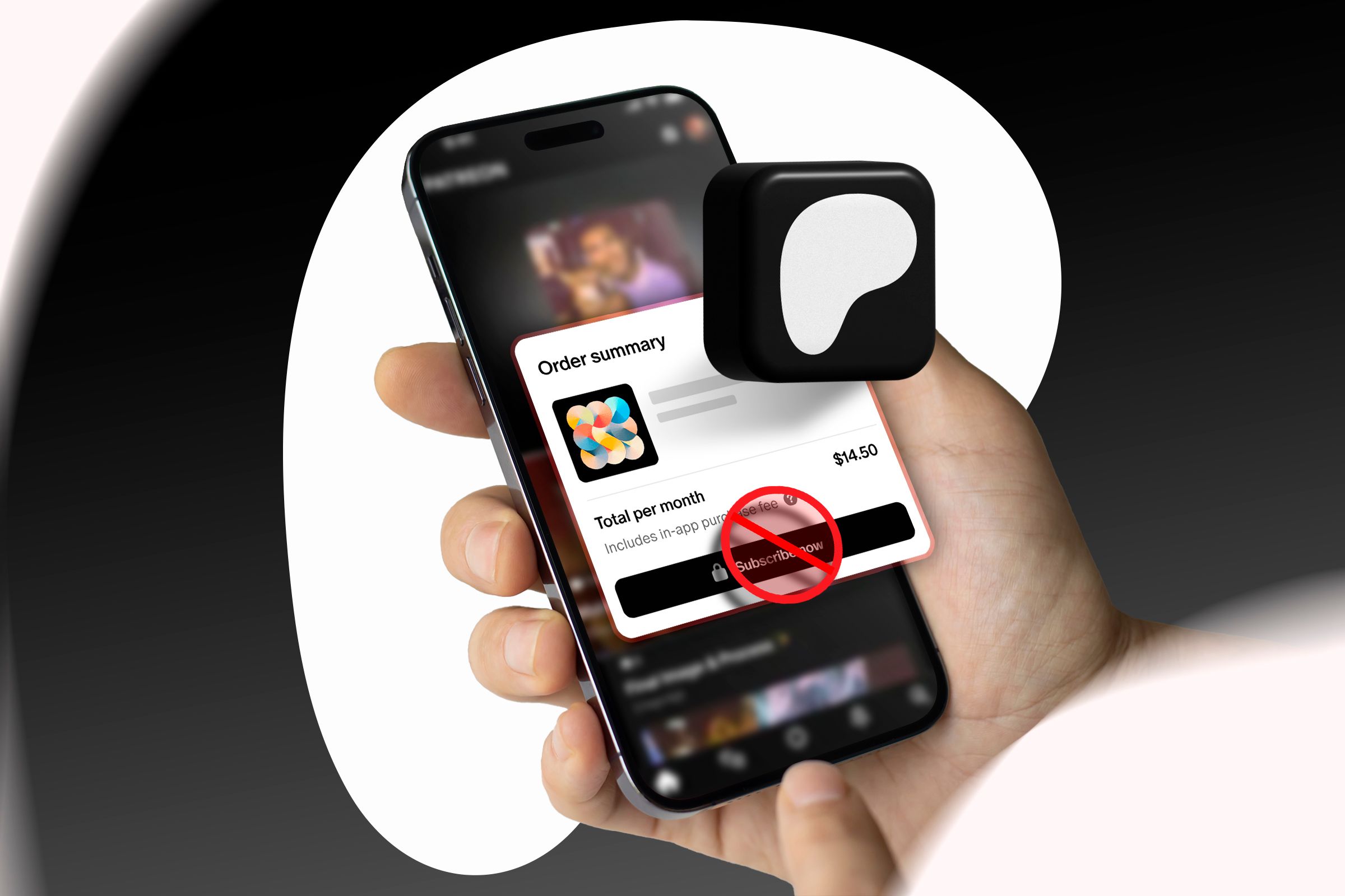 A person holding an iPhone with the Patreon screen displayed and a cross over the subscribe button.